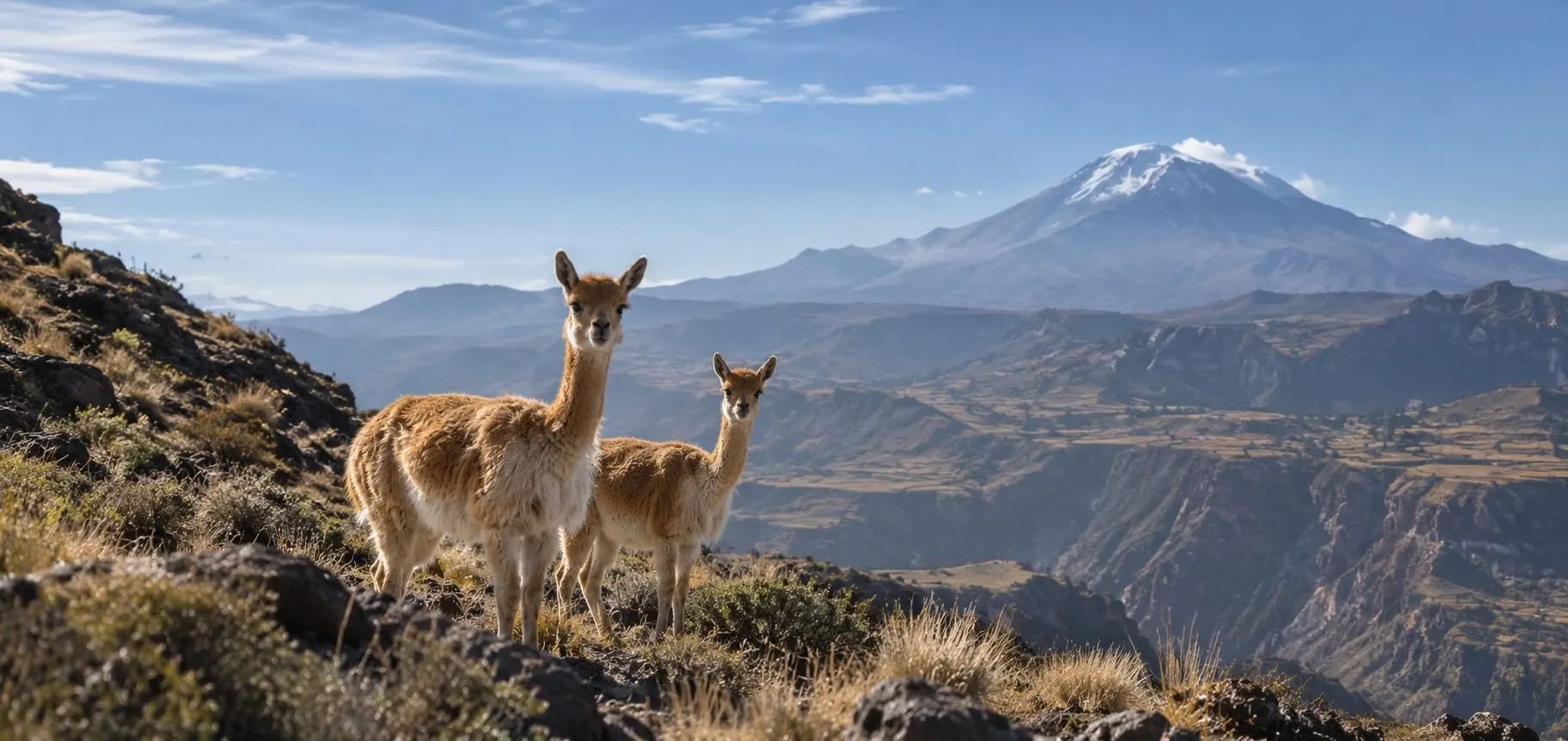 Vicuñas frente a un volcán nevado