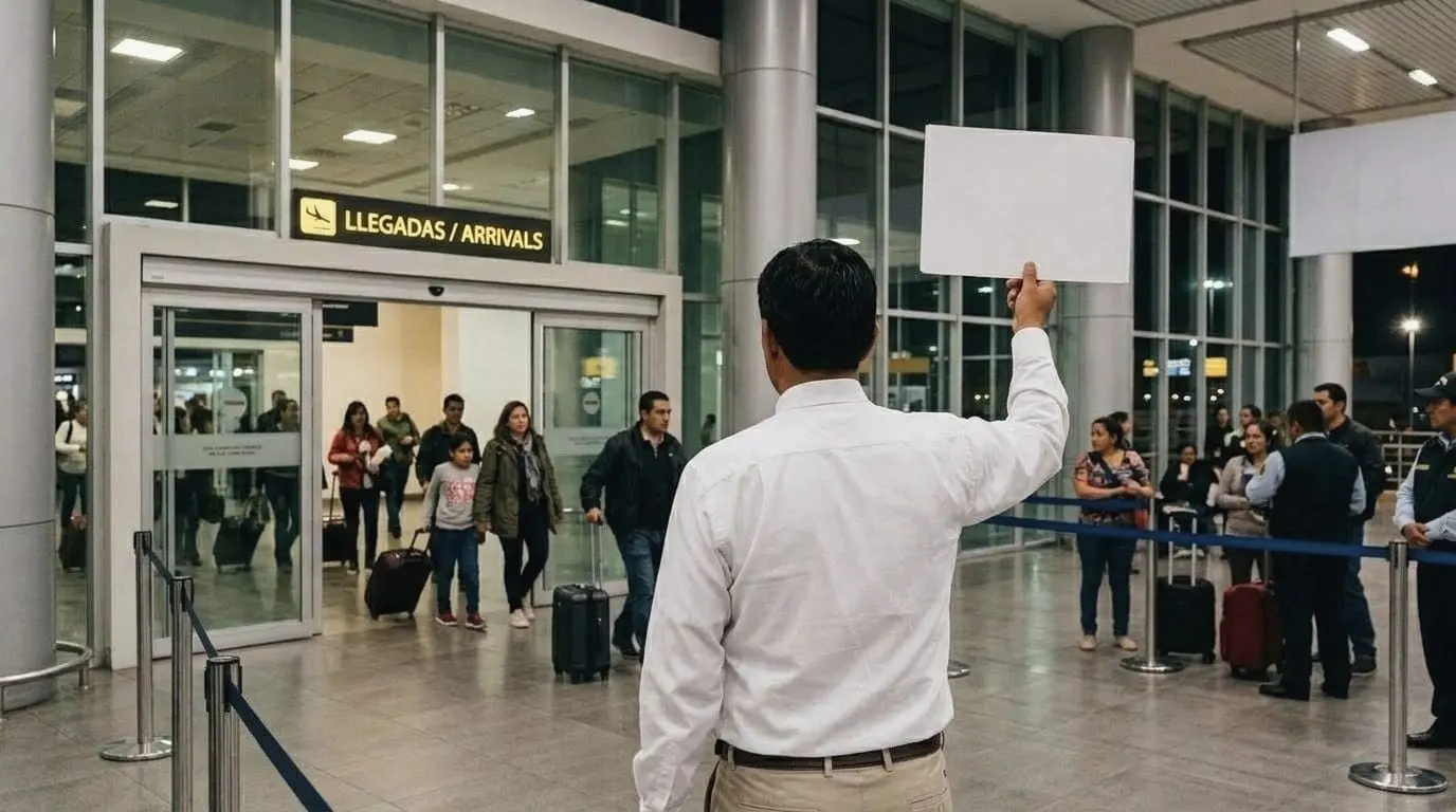 Recepción con cartel en la sala de llegadas