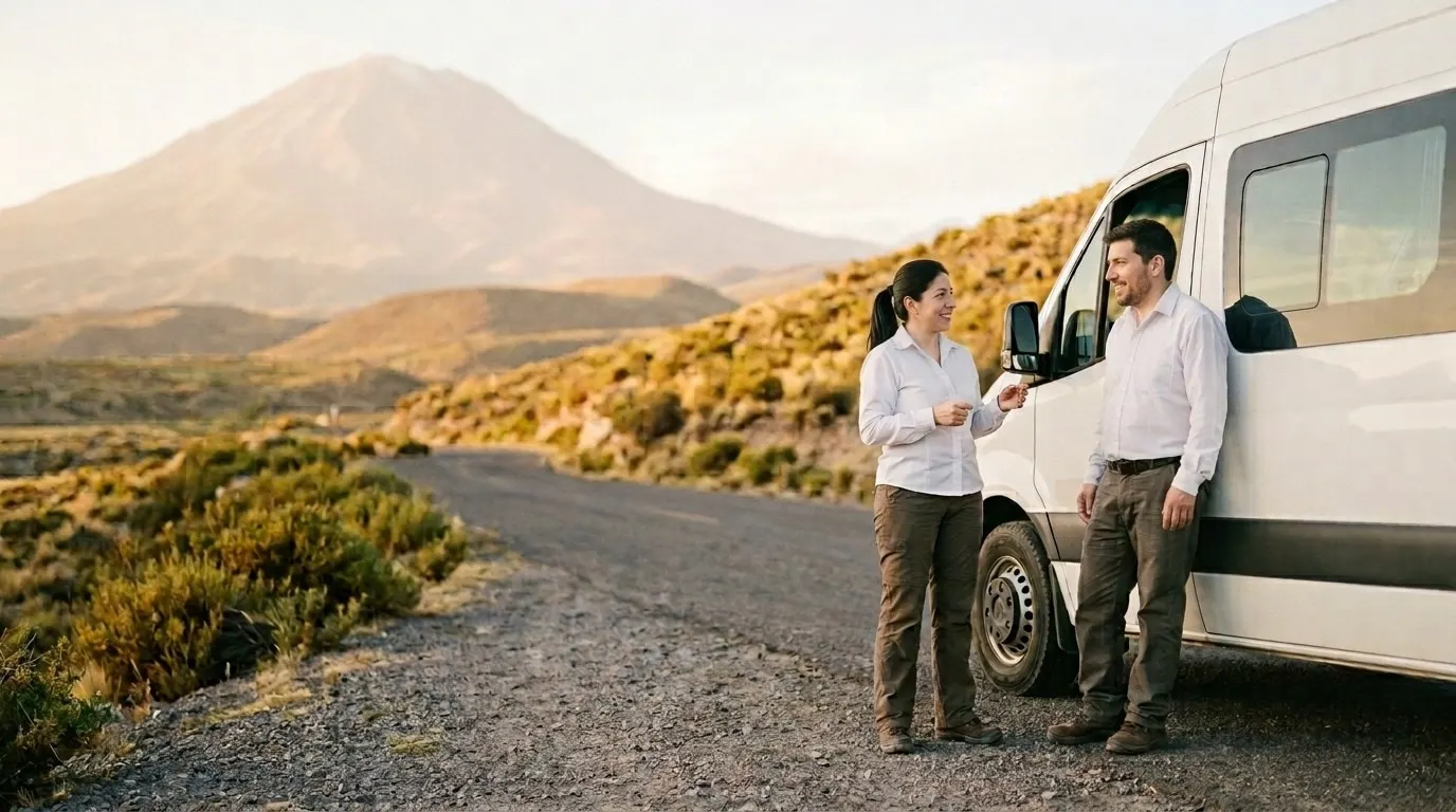Equipo de Suyo Tours junto a su Sprinter, con el Misti al fondo